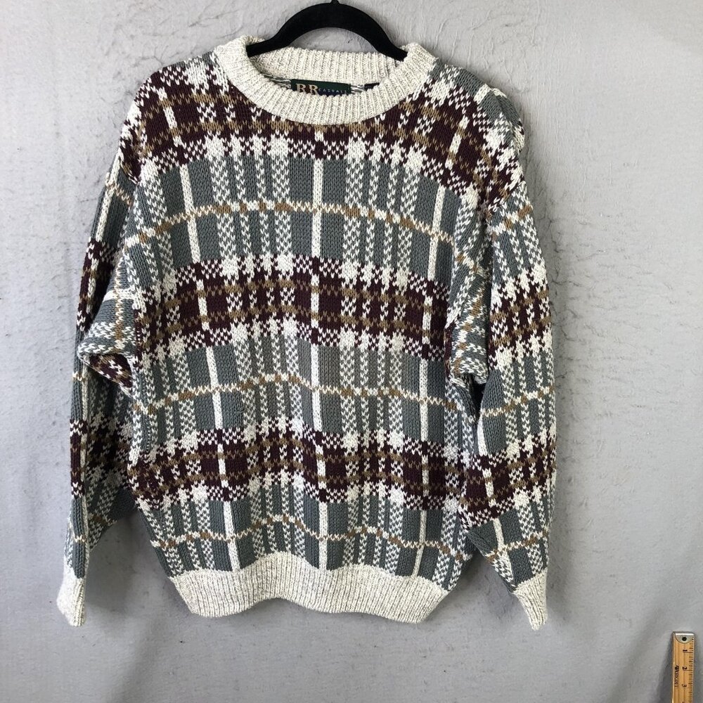 Vintage R&R Casuals Sweater Mens Medium Multicolor Plaid Chunky Knit USA 90s